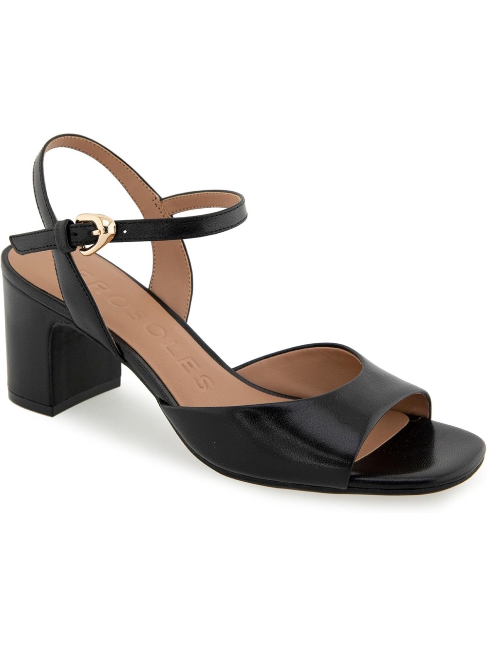 AEROSOLES Black Leather Open-Toe Block Heel Sandal with Ankle Strap - Picture 5 of 5